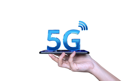 Close up of female hand holding a phone with a 5G 3D render icon. 5G network wireless systems. The concept of 5G network, high-speed network internet.
