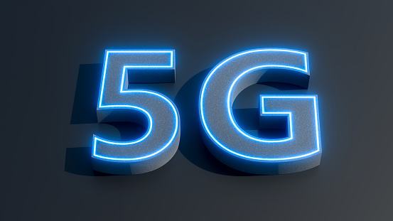 3D render of 5G signs in blue light. 5G network connection, High-speed mobile Internet. Vector illustration.