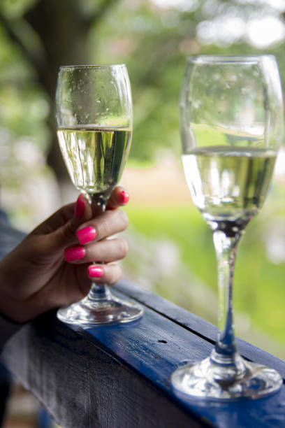 istock Two glasses of white wine on sunset 1386955908