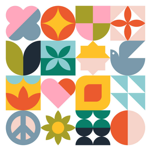 Modern Geometric Graphics—Peaceful Spring Graphics created on modular grid. Vector artwork is easy to edit and scales to any size. Pixel perfect. tranquility illustrations stock illustrations
