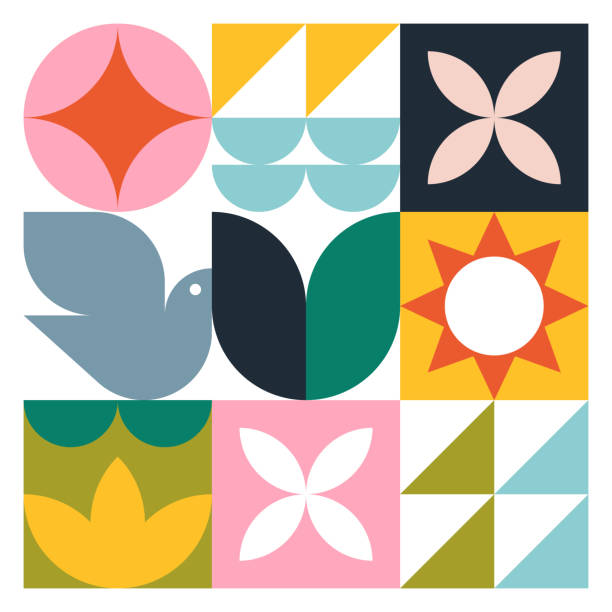 현대 기하학적 그래픽 -평화로운 봄 - quilt textile patchwork pattern stock illustrations