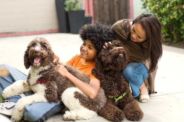 istock Mother and her son laughing and playing with their dog. 1386960404