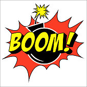 istock Bomb Boom Comic Text on Explosion Speech Bubble in Pop Art Style. 1386961298