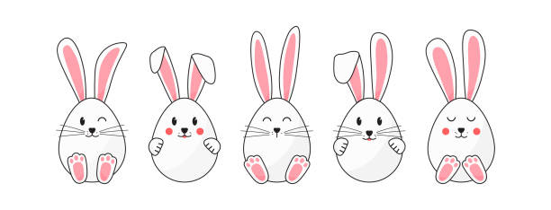 ilustraciones, imágenes clip art, dibujos animados e iconos de stock de icono vectorial de huevo de pascua, oreja y pata de conejito. linda cara de conejo, personaje animal de dibujos animados. ilustración navideña - bunny girl