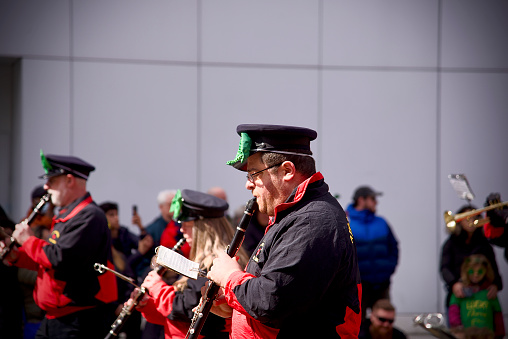 Toronto Ontario, Canada- March 20th, 2022: The Ayr- Paris band playing music while parading at the Toronto’s St. Patrick’s Day parade.