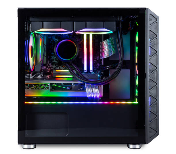 istock black custom gaming pc computer with glass windows and colorful bright rgb rainbow led lighting isolated white background 1386965537