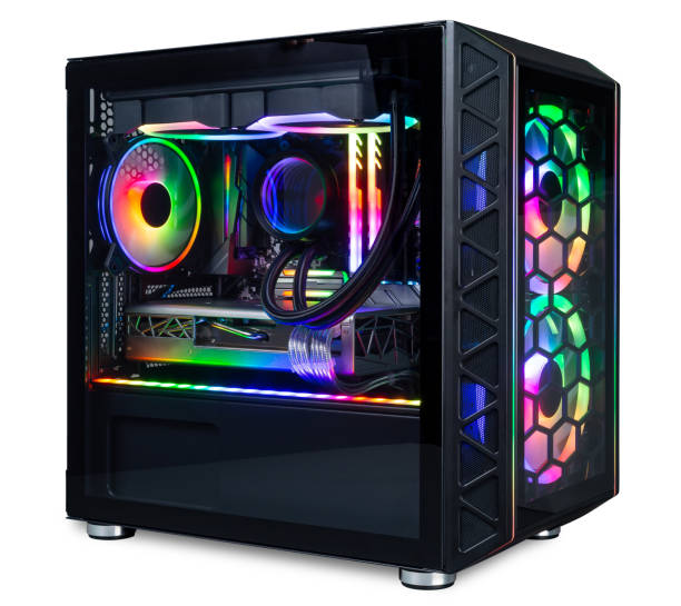 istock black custom gaming pc computer with glass windows and colorful bright rgb rainbow led lighting isolated white background 1386966107