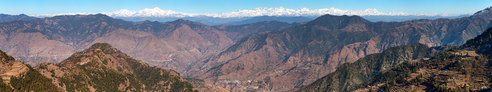 Himalaya and mount Nanda Devi, panoramic view of Indian Himalayas, great Himalayan range, Uttarakhand India, view from Mussoorie road, Gangotri range