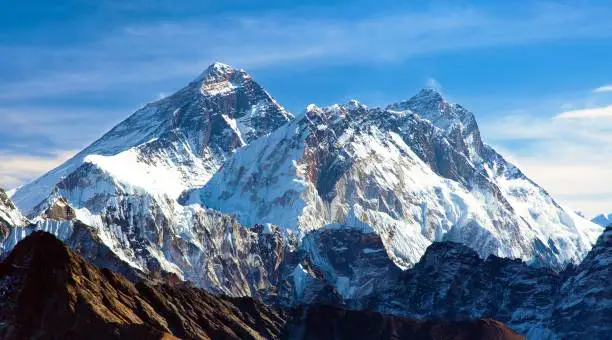 Mount Everest and Mt Lhotse from Renjo pass, way to Everest base camp and three passes trek, Khumbu valley, Solukhumbu, Sagarmatha national park, Nepal Himalayas mountains