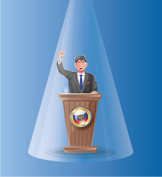 illustrations, cliparts, dessins animés et icônes de un politicien derrière la tribune du podium en bois s’exprimant lors de la conférence a levé le poing et le drapeau russe - arms lifted