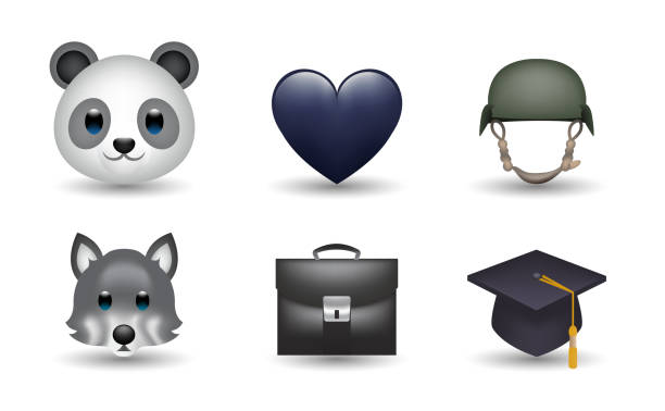 Panda, heart, helmet, wolf, briefcase, bachelor cap vector emoji illustration 6 Emoticon isolated on White Background. Isolated Vector Illustration. Panda, heart, helmet, wolf, briefcase, bachelor cap vector emoji Illustration. Set of 3d objects Illustration in black color bachelor and bachelorette parties stock illustrations