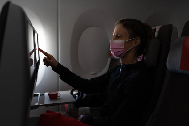 istock Woman with face mask interacting with touchscreen on airplane 1386969721