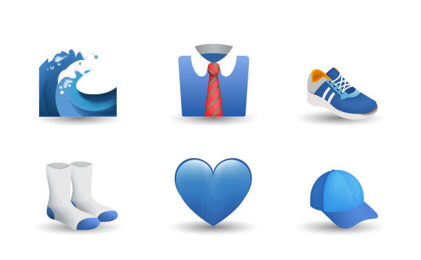 fala, koszula z krawatem, trampki, skarpetki, niebieskie serce, letni kapelusz wektorowa ilustracja emoji - sports footwear stock illustrations