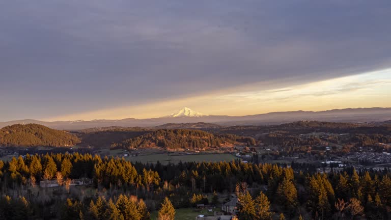 Aerial view of scenic sunset over mountain range in the Pacific Northwest region of the United States