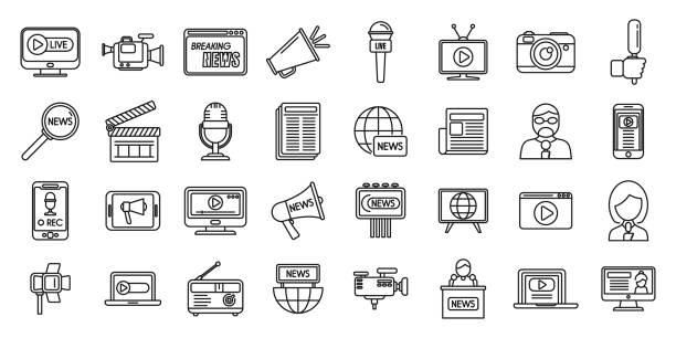 Reportage icons set outline vector. Interview news Reportage icons set outline vector. Interview news. Camera tv interview camera stock illustrations