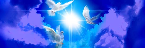 istock The flying three white doves around clouds stairs leading to shining heaven and the background of the clouds in beautiful blue sky 1386981428