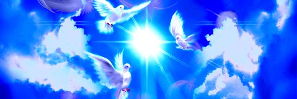 istock The flying three white doves around clouds stairs leading to shining heaven and the background of the clouds in beautiful blue sky 1386982045