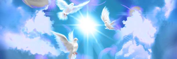 istock The flying three white doves around clouds stairs leading to shining heaven and the background of the clouds in beautiful blue sky 1386982046