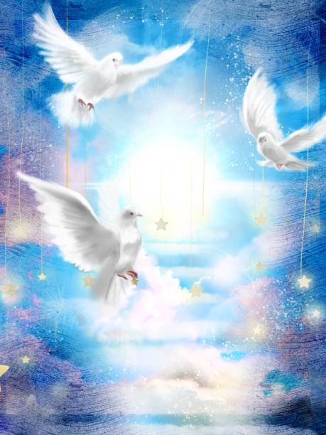 illustrazioni stock, clip art, cartoni animati e icone di tendenza di le tre colombe bianche volanti intorno alle nuvole scale che portano al cielo splendente e lo sfondo delle nuvole in un bellissimo cielo blu - sunbeam angel heaven blue