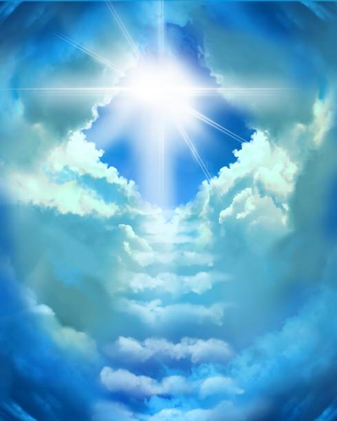 The flying three white doves around clouds stairs leading to shining heaven and the background of the clouds in beautiful blue sky The flying white doves around clouds stairs leading to shining heaven and the background of the clouds in beautiful blue sky japanese angel stock illustrations