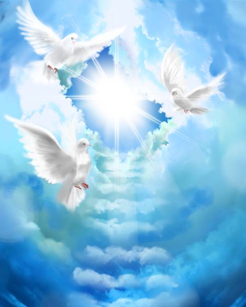 istock The flying three white doves around clouds stairs leading to shining heaven and the background of the clouds in beautiful blue sky 1386982192