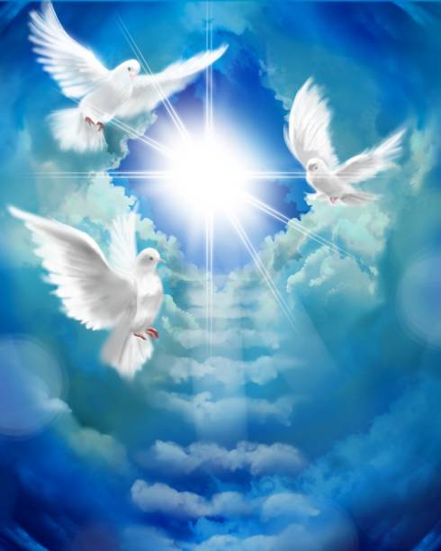 istock The flying three white doves around clouds stairs leading to shining heaven and the background of the clouds in beautiful blue sky 1386982196