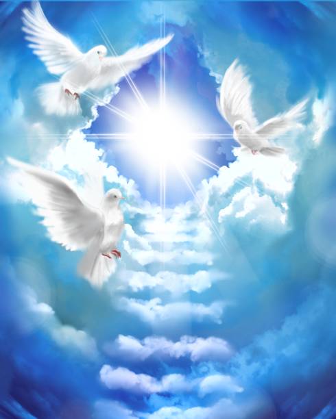 illustrazioni stock, clip art, cartoni animati e icone di tendenza di le tre colombe bianche volanti intorno alle nuvole scale che portano al cielo splendente e lo sfondo delle nuvole in un bellissimo cielo blu - sunbeam angel heaven blue