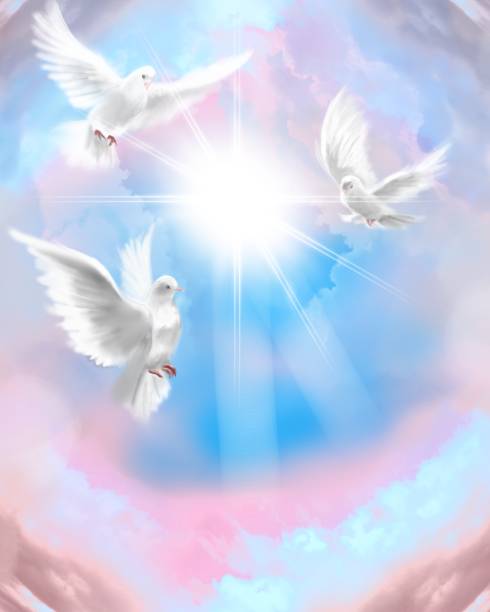 istock The flying three white doves around clouds stairs leading to shining heaven and the background of the clouds in beautiful blue sky 1386982221