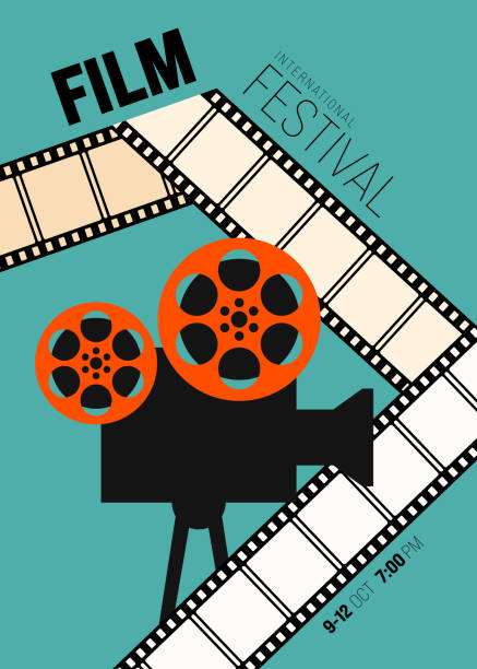 illustrazioni stock, clip art, cartoni animati e icone di tendenza di modello di design di poster cinematografici e cinematografici con fotocamera e filmtrip - film festival