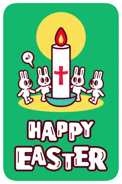 Vector illustration of Happy Easter handwriting text and bunnies holding hands around the Paschal candle