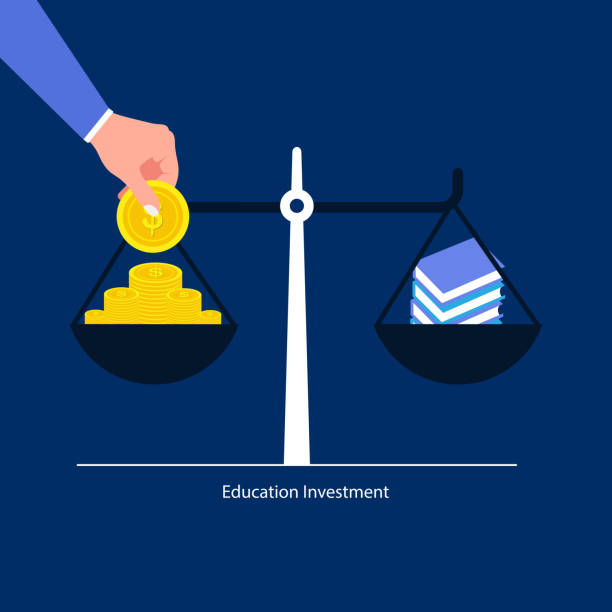 illustrazioni stock, clip art, cartoni animati e icone di tendenza di investimenti nell'istruzione. risparmiare denaro per l'istruzione. pila di libri e denaro sulla bilancia - arrangement asia backgrounds balance