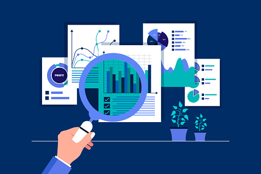 Flat business analytics graph stock illustration. finance investment planning background