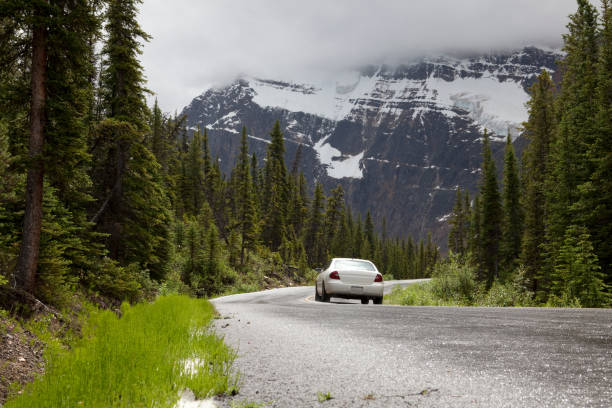 istock Car drives along winding mountain road, forest 138698836