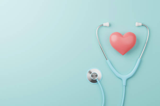 vista dall'alto dello stetoscopio medico e del cuore su sfondo ciano. concetto di assicurazione sanitaria. rendering 3d - stetoscopio foto e immagini stock