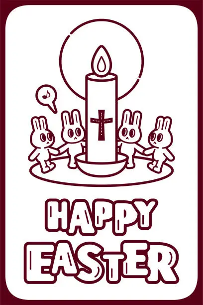 Vector illustration of Happy Easter handwriting text and bunnies holding hands around the Paschal candle