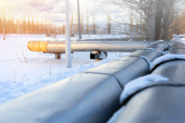 istock Central heating pipe in winter in Russia. Selective focus 1386992955