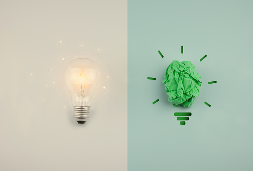 Concept of green idea.  environmental Conservation with Creativity, Inspiration and Innovation (CSR). Light bulb crumpled paper on blank background with copy space.
