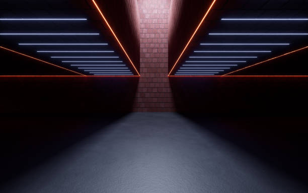 istock Dark brick room with neon lines, 3d rendering. 1387000216