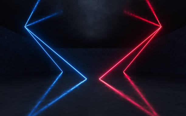 istock Dark room with glowing neon lines, 3d rendering. 1387000294