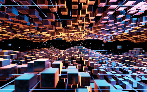 istock Cubic cyberpunk space, conceptual geometry background, 3d rendering. 1387000869