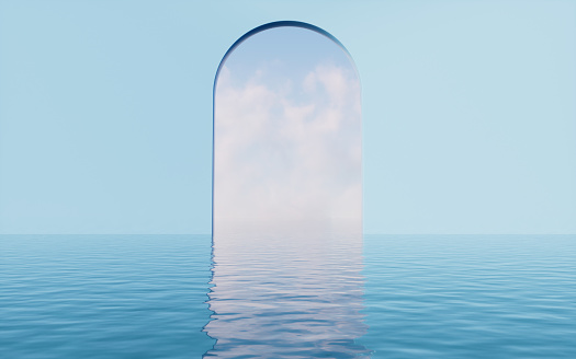 Arc door with water surface, 3d rendering. Computer digital drawing.