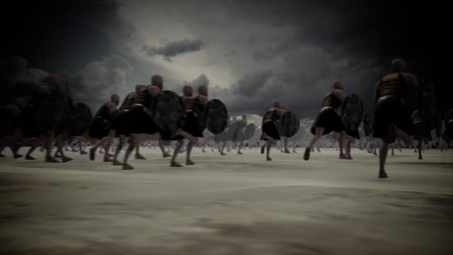 Huge Army of Ancient Warriors Running Through a Battlefield