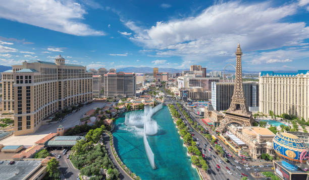 Aerial view of Las Vegas Strip World famous Vegas Strip in Sunny day on  October 27, 2021 in Las Vegas, Nevada. The Las Vegas is home to the largest hotels and casinos in the world. fountain photos stock pictures, royalty-free photos & images