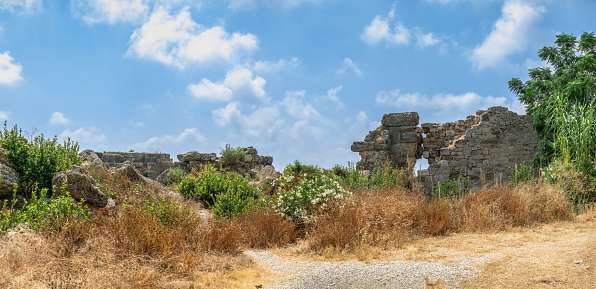 Side, Turkey 18.07.2021. Ruins of the Ancient city of Side in Antalya province of Turkey