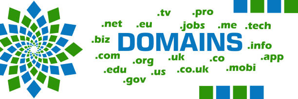 Domains Word Cloud Green Blue Squares Circular Left Domains concept image with text and related word cloud. кадастрова карта України stock illustrations