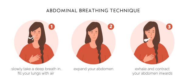 Abdominal breathing technique infographic with young female doing diaphragmatic exercise. Yogic breathing practice banner. Instruction with pranayama energy yoga steps. Vector flat style illustration. Abdominal breathing technique infographic with young female doing diaphragmatic exercise. Yogic breathing practice banner. Instruction with pranayama energy yoga steps. Vector flat style illustration inhaling stock illustrations