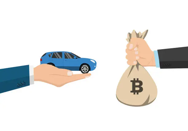 Vector illustration of Buying new car. Rental or sale concept. Hand holding key and money bag. Shopping. Dealership. Sell automobile. Vector illustration.