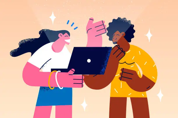 Vector illustration of Smiling diverse girls use laptop together