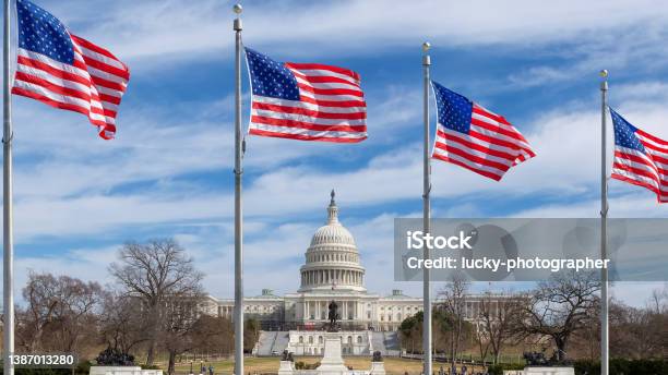 Us Capitol Building And American Flags In Washington Dc Usa Stock Photo - Download Image Now