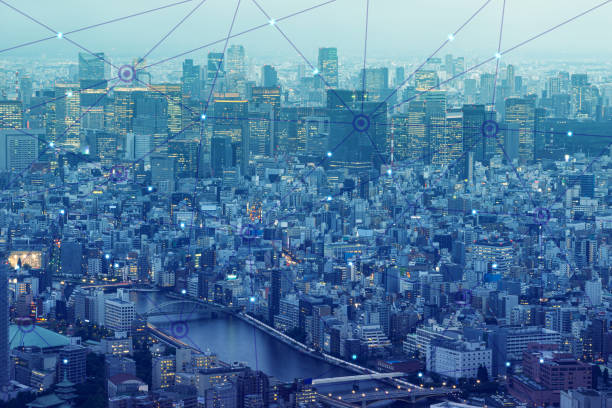 istock Tokyo cityscaped top view with cyber digital line in future network concept. 1387014474